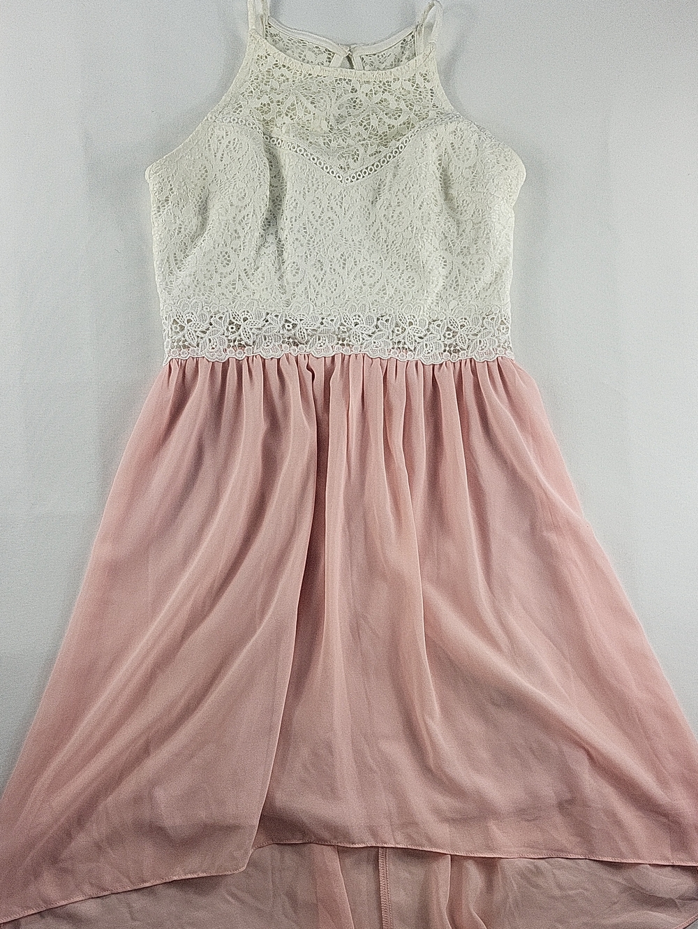 Fairycore Romantic Blush Pink High-Low Dress with White Cream Lace Bodice